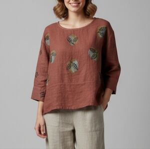 Ad Libs Ashville Linen Leaf Top Lagenlook Artsy Contemporary
